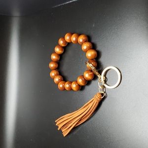 Tan Wood-Bead Tassel Key Ring Bracelet- NEW!!